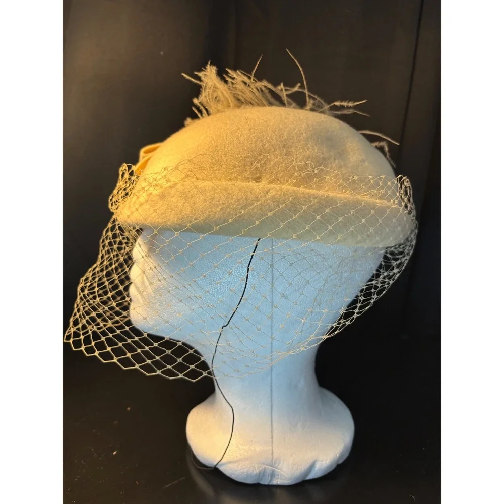 Vintage Cream Wool Felt Pillbox Hat with Birdcage Veil and Feathers Bow Trim
